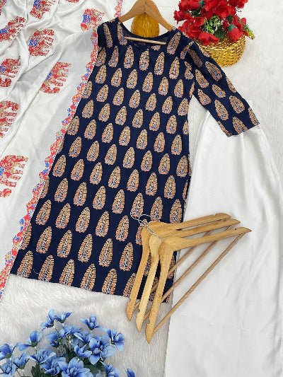 Blue Foil Print Suit Set With Elephant Print Dupatta - BONYHUBSALWAR KAMEEZ