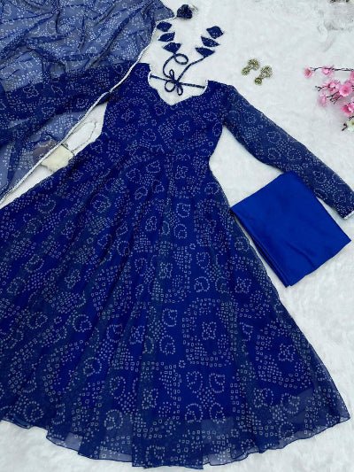 Blue Georgette Bandhani Print Anarkali Suit Set UK Next Day - BONYHUBSALWAR KAMEEZ