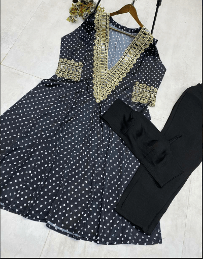 Blue Mirror Bandhani Chinon Silk Kurti Pant Set - BONYHUBSALWAR KAMEEZ