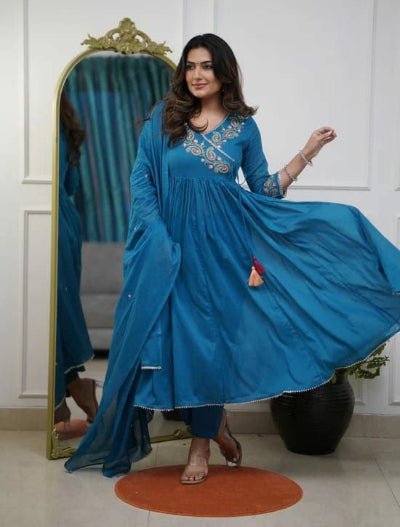 Blue Parampara Silk Embroidered Anarkali Suit Set - BONYHUBSALWAR KAMEEZ