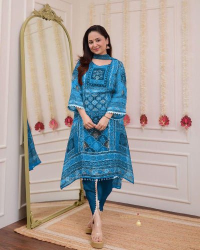 Blue Plus Size Chinon Printed Dhoti Suit Set - BONYHUBSALWAR KAMEEZ
