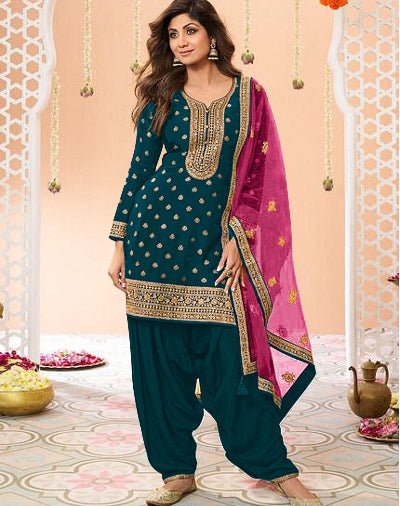 Blue Plus Size Jacquard Embroidered Punjabi Suit Set - BONYHUBSALWAR KAMEEZ