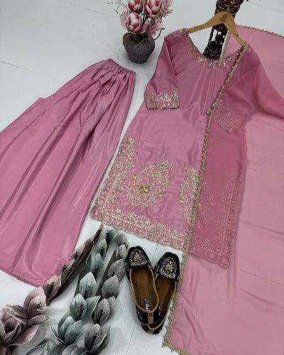 Blush Pink Gold Embroidered Sharara Palazzo Suit Set - BONYHUBSALWAR KAMEEZ