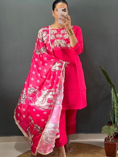 Bright Pink Roman Silk Elephant Print Salwar Suit - BONYHUBSALWAR KAMEEZ