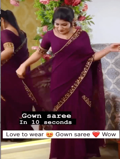 Burgandy 10 Second Saree Gown Readymade Sari UK Net Day - BONYHUBSAREE