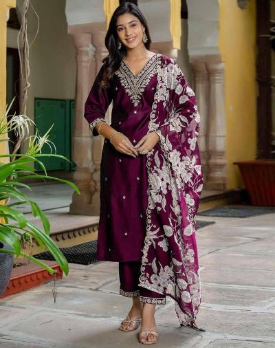Burgandy Embroidered Salwar Suit With Organza Dupatta - BONYHUBSALWAR KAMEEZ