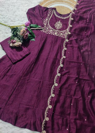 Burgandy Vichitra Silk Exquisite Anarkali Suit Set - BONYHUBSALWAR KAMEEZ