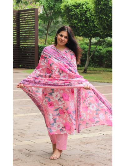 Candy Pink Hand Work Printed Salwar Suit (Set of 3) - BONYHUBSALWAR KAMEEZ