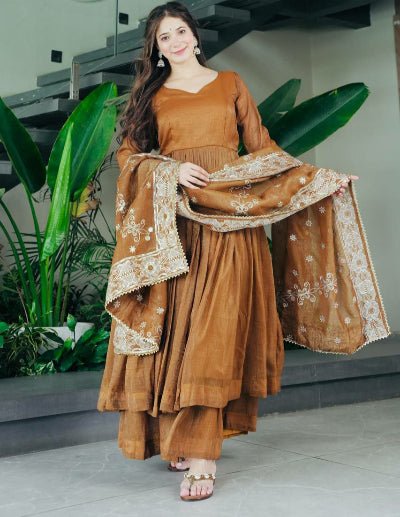 Caramel Gold Anarkali Sharara Suit Set - BONYHUBSALWAR KAMEEZ