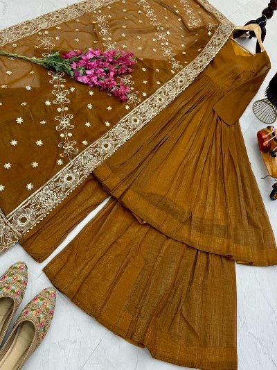 Caramel Gold Anarkali Sharara Suit Set - BONYHUBSALWAR KAMEEZ