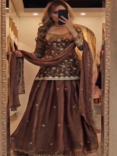 Chocolate Brown Gold Silk Kurti Skirt With Dupatta - BONYHUBSALWAR KAMEEZ