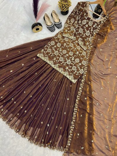 Chocolate Brown Gold Silk Kurti Skirt With Dupatta - BONYHUBSALWAR KAMEEZ