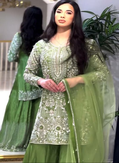 Cool Green Chinon Silk Embroidered Sharara Palazzo Set UK Next Day - BONYHUBSALWAR KAMEEZ