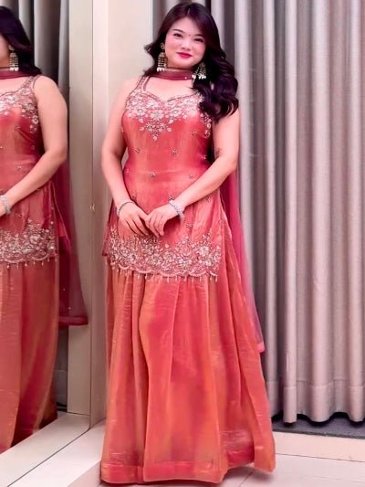 Coral Peach Tissue Silk Embroidery Sharara Suit - BONYHUBSALWAR KAMEEZ
