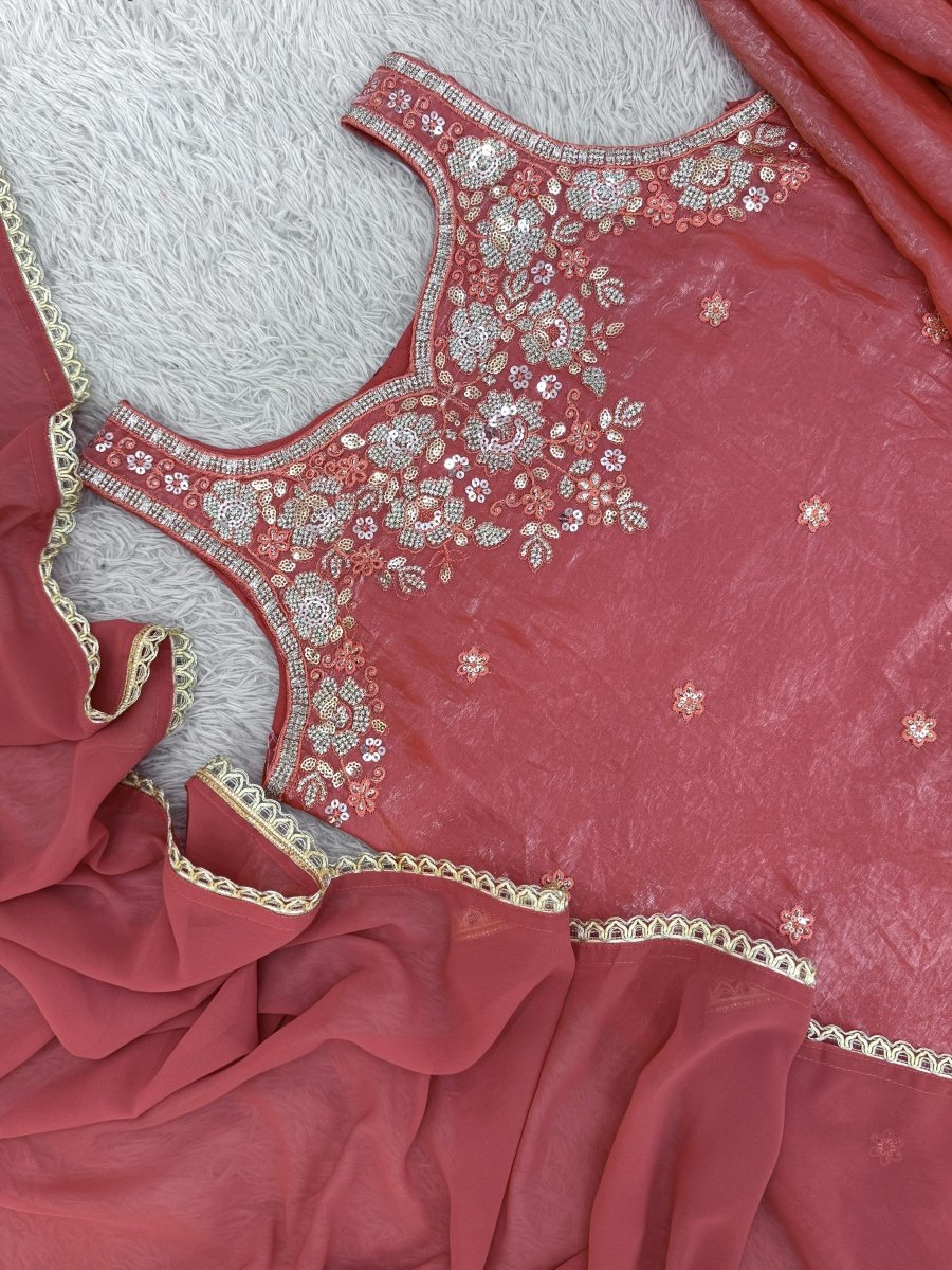 Coral Peach Tissue Silk Embroidery Sharara Suit - BONYHUBSALWAR KAMEEZ