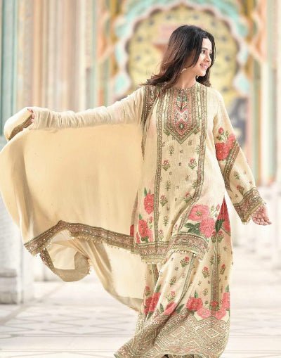 Cream Digital Print Mirror Stone Work Sharara Palazzo Suit Set - BONYHUBSALWAR KAMEEZ