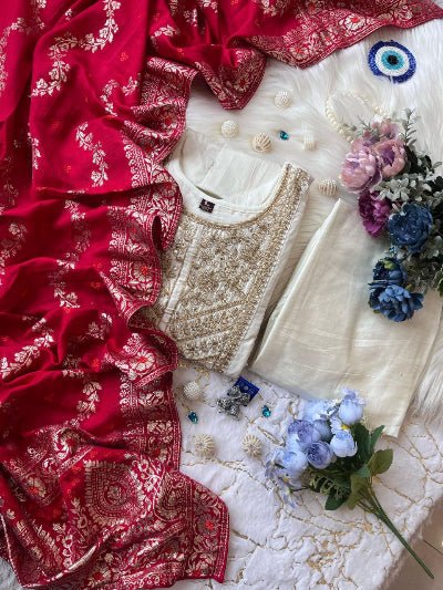 Cream Zari Work Silk Anarkali Suit Red Banarasi Dupatta UK Next Day - BONYHUBSALWAR KAMEEZ
