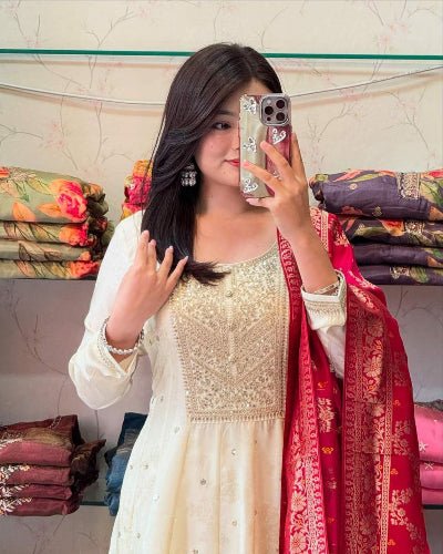 Cream Zari Work Silk Anarkali Suit Red Banarasi Dupatta UK Next Day - BONYHUBSALWAR KAMEEZ