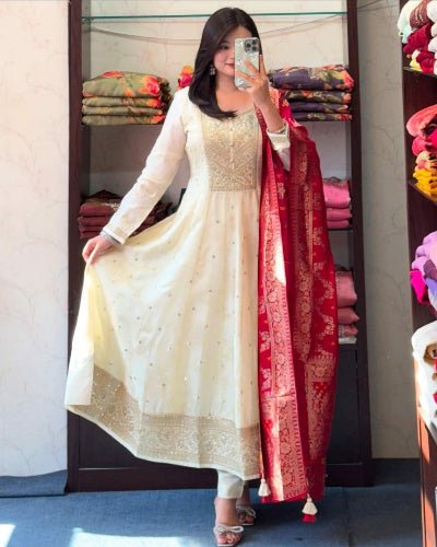 Cream Zari Work Silk Anarkali Suit With Red Banarasi Silk Dupatta BONYHUB Cream Zari Work Silk Anarkali Suit With Red Banarasi Silk Dupatta BONYHUB
