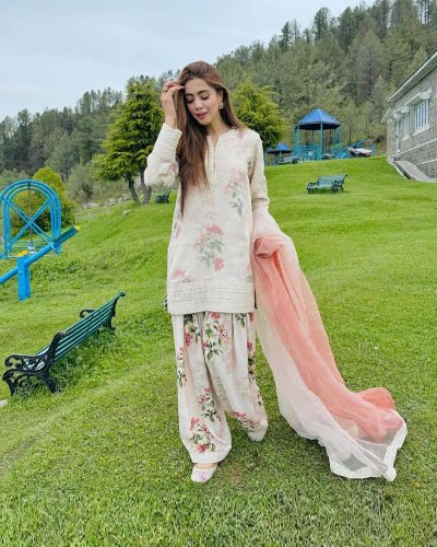Creamy Blush Floral Georgette Farshi Suit Set - BONYHUBSALWAR KAMEEZ