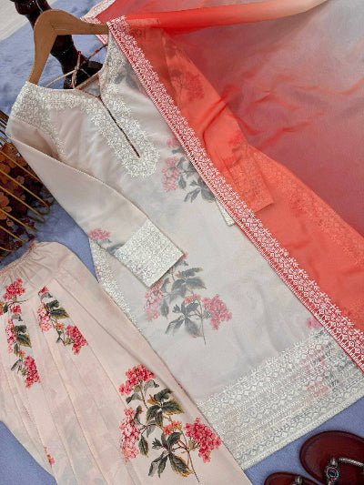 Creamy Blush Floral Georgette Farshi Suit Set - BONYHUBSALWAR KAMEEZ
