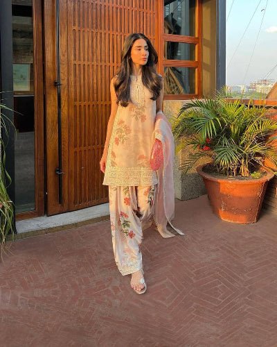 Creamy Blush Floral Georgette Farshi Suit Set - BONYHUBSALWAR KAMEEZ