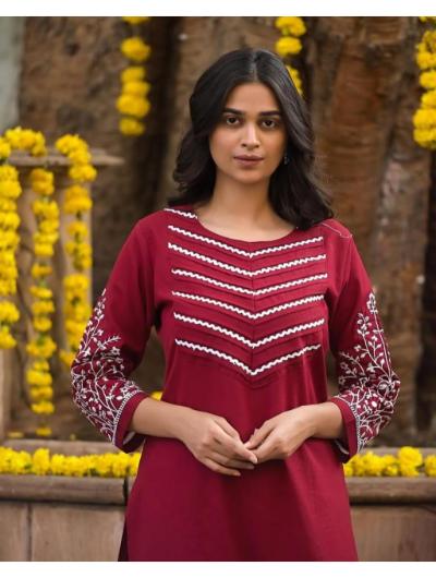 Crimson Red Cotton Co - ord Set with Kurta Pant (Set of 2) - BONYHUBSALWAR KAMEEZ