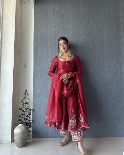 Crimson Red Elegant Anarkali Suit Set - BONYHUBSALWAR KAMEEZ
