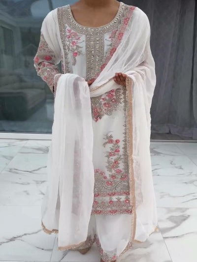Crystal White Georgette Sequins Thread Work Salwar Suit Set - BONYHUBSALWAR KAMEEZ