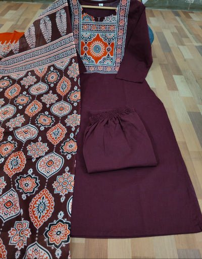 Burgandy Cotton Jaipuri Printed Straight Suit Set - BONYHUBSALWAR KAMEEZ