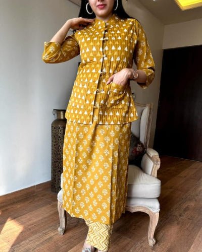 Mustard Yellow Cotton Kurti Pant With Quilted Warm Jacket - BONYHUBSALWAR KAMEEZ