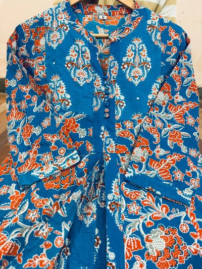 Blue Cotton Printed Handwork Anarkali Suit - BONYHUBSALWAR KAMEEZ
