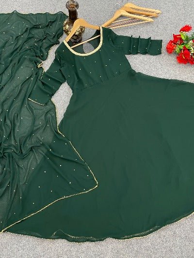 Dark Green Georgette Anarkali Gown With Dupatta 2Pc - BONYHUBSALWAR KAMEEZ