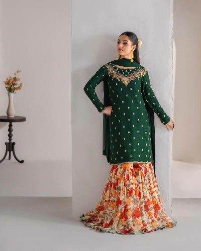 Dark Green Georgette Suit With Floral Sharara - BONYHUBSALWAR KAMEEZ