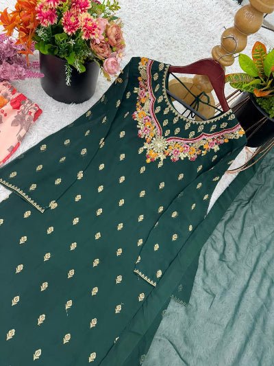 Dark Green Georgette Suit With Floral Sharara - BONYHUBSALWAR KAMEEZ