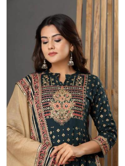 Dark Green Rayon Embroidered Salwar Suit (Set of 3) - BONYHUBSALWAR KAMEEZ