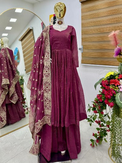 Dark Mauve Pink Anarkali Sharara Suit Set - BONYHUBSALWAR KAMEEZ
