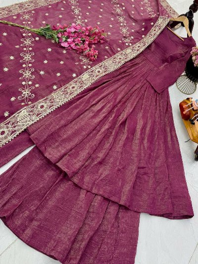 Dark Mauve Pink Anarkali Sharara Suit Set - BONYHUBSALWAR KAMEEZ