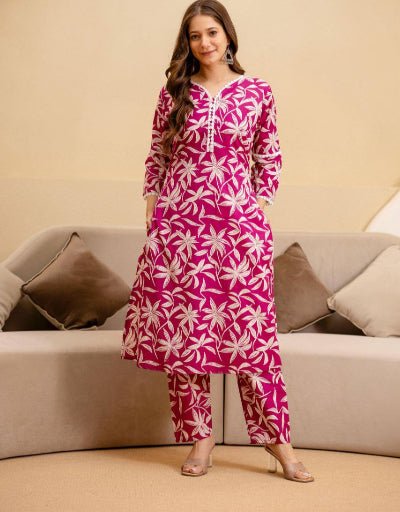 Dark Pink Jaipuri Printed Cotton Kurti Pant Set Of 2 - BONYHUBSALWAR KAMEEZ