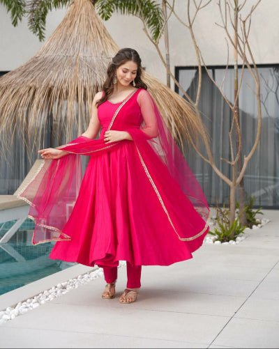 Dark Pink Roman Silk Chanderi Anarkali Suit Set - BONYHUBSALWAR KAMEEZ