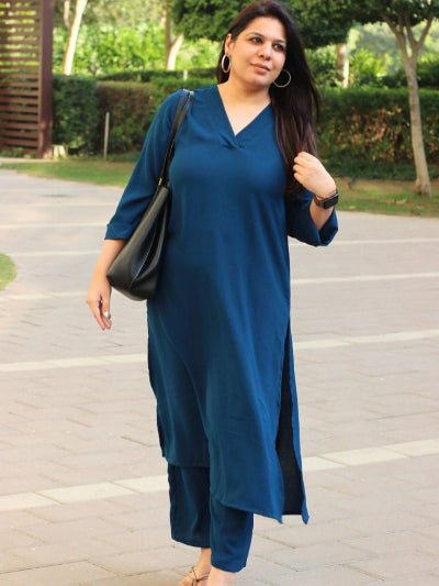 Peacock Blue Plain Cotton Kurti Pant Set Of 2 - BONYHUBSALWAR KAMEEZ