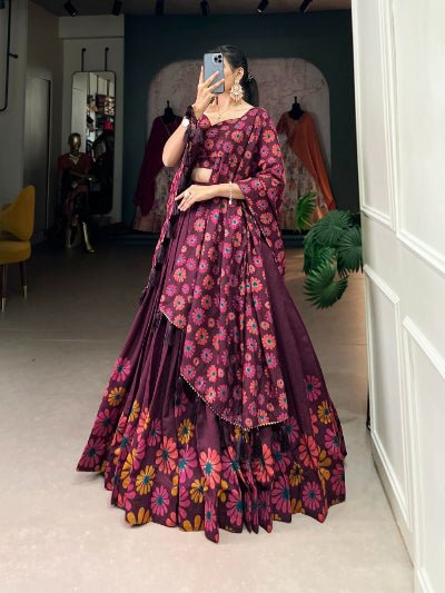 Deep Plum Tussar Silk Floral Print Lehenga Choli Set - BONYHUBSALWAR KAMEEZ
