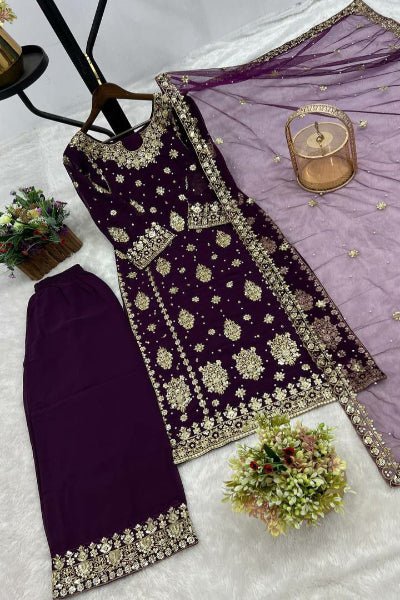 Deep Wine Sequins Work Wedding Wear Straight Suit Set - BONYHUBSALWAR KAMEEZ