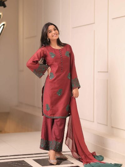 Dusty Maroon Luxurious French Crepe Silk Farshi Suit Set - BONYHUBSALWAR KAMEEZ