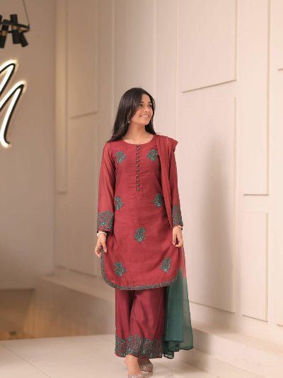 Dusty Maroon Luxurious French Crepe Silk Farshi Suit Set - BONYHUBSALWAR KAMEEZ