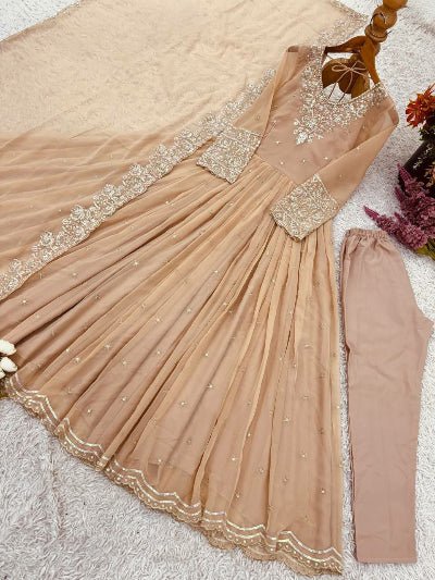 Dusty Pastel Beige Georgette Anarkali Suit Set - BONYHUBSALWAR KAMEEZ