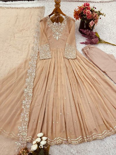 Dusty Pastel Beige Georgette Anarkali Suit Set - BONYHUBSALWAR KAMEEZ
