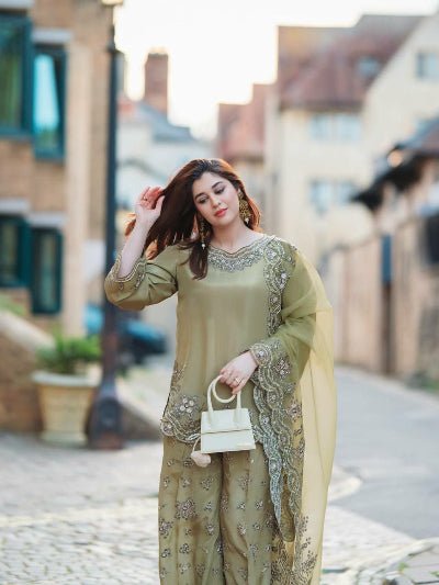 Dusty Pastel Green Embroidered Sequins Work Sharara Palazzo Suit Set - BONYHUBSALWAR KAMEEZ