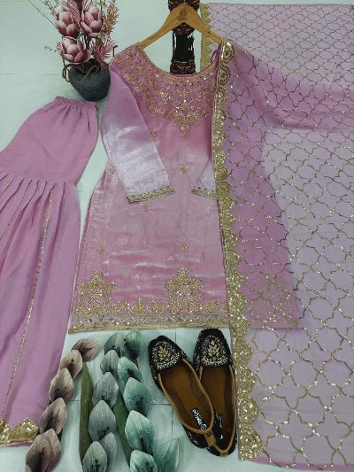 Dusty Pink Organza Silk Sequins Sharara Suit Set - BONYHUBSALWAR KAMEEZ