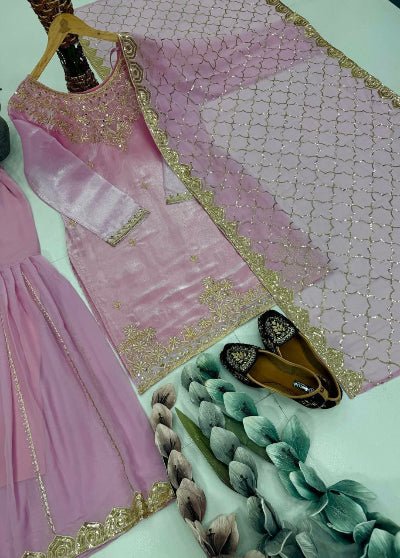 Dusty Pink Organza Silk Sequins Sharara Suit Set - BONYHUBSALWAR KAMEEZ